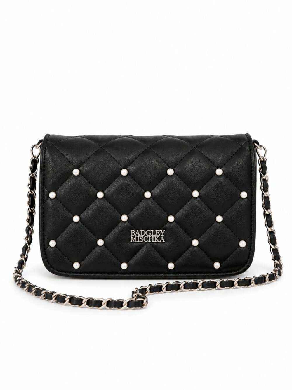 Badgley Mischka Pearl Quilted Black Vegan Crossbody Clutch NWT